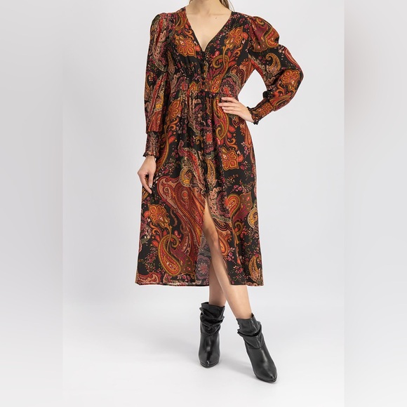 NWOT Zara paisley print smocked a neck button down dress Size XS - Picture 2 of 12